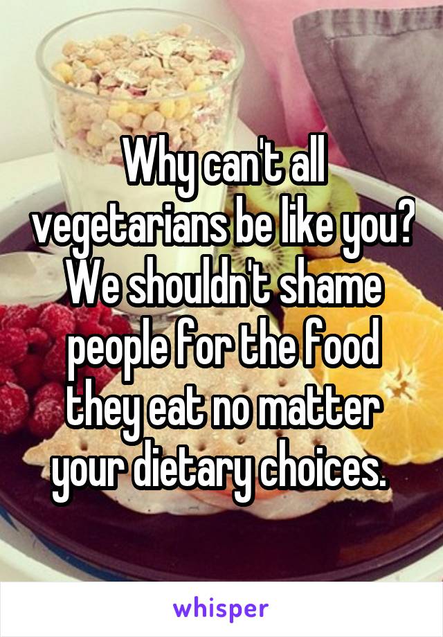 Why can't all vegetarians be like you? We shouldn't shame people for the food they eat no matter your dietary choices. 