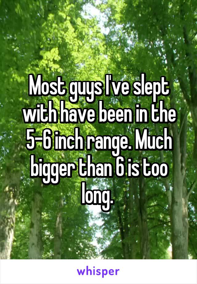 Most guys I've slept with have been in the 5-6 inch range. Much bigger than 6 is too long. 