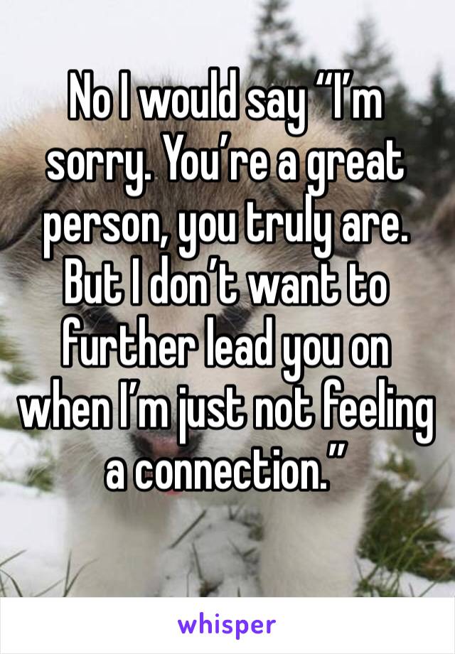No I would say “I’m sorry. You’re a great person, you truly are. But I don’t want to further lead you on when I’m just not feeling a connection.”