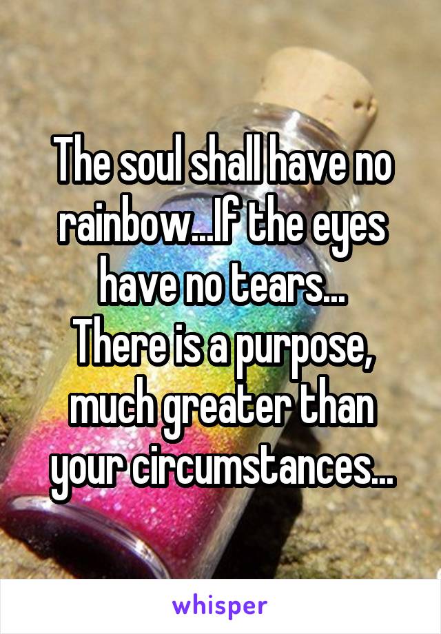 The soul shall have no rainbow...If the eyes have no tears...
There is a purpose, much greater than your circumstances...