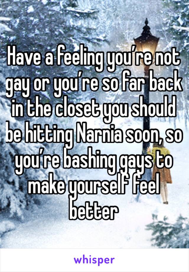 Have a feeling you’re not gay or you’re so far back in the closet you should be hitting Narnia soon, so you’re bashing gays to make yourself feel better