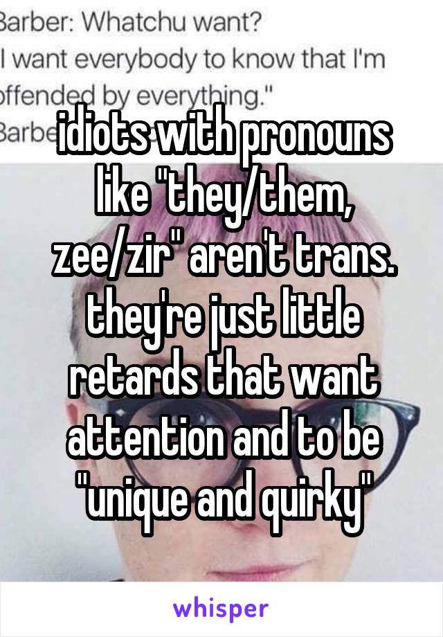 idiots with pronouns like "they/them, zee/zir" aren't trans. they're just little retards that want attention and to be "unique and quirky"
