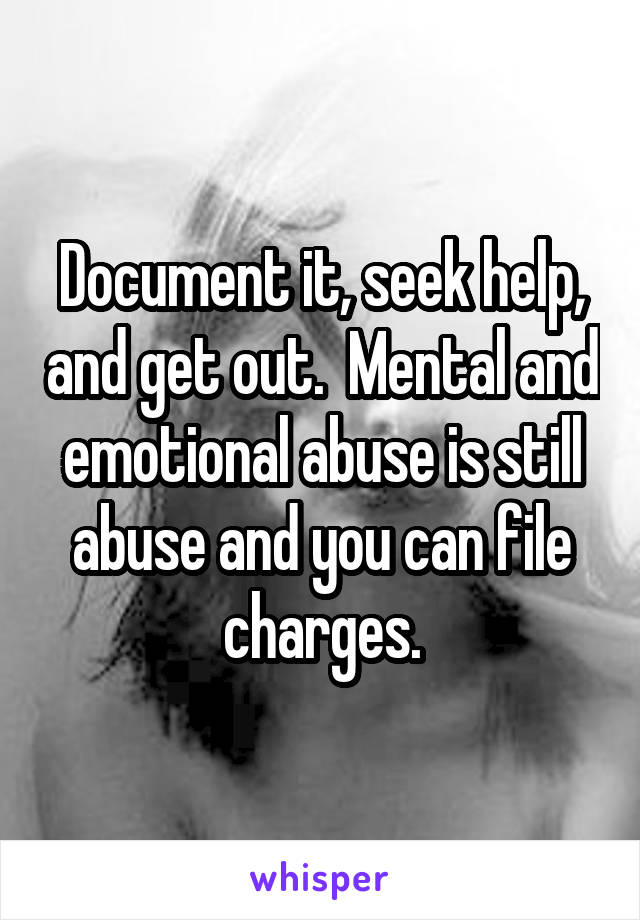 Document it, seek help, and get out.  Mental and emotional abuse is still abuse and you can file charges.