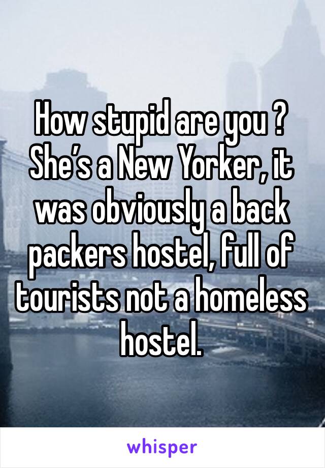 How stupid are you ? She’s a New Yorker, it was obviously a back packers hostel, full of tourists not a homeless hostel. 