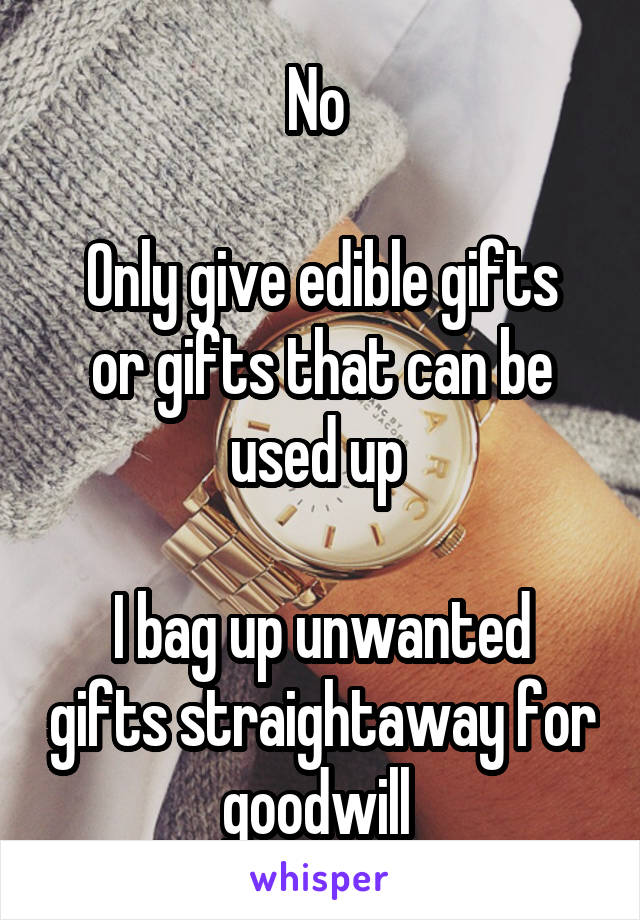 No 

Only give edible gifts or gifts that can be used up 

I bag up unwanted gifts straightaway for goodwill 