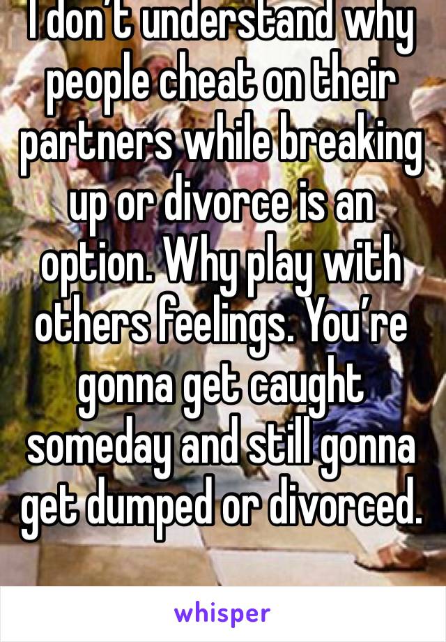 I don’t understand why people cheat on their partners while breaking up or divorce is an option. Why play with others feelings. You’re gonna get caught someday and still gonna get dumped or divorced.
