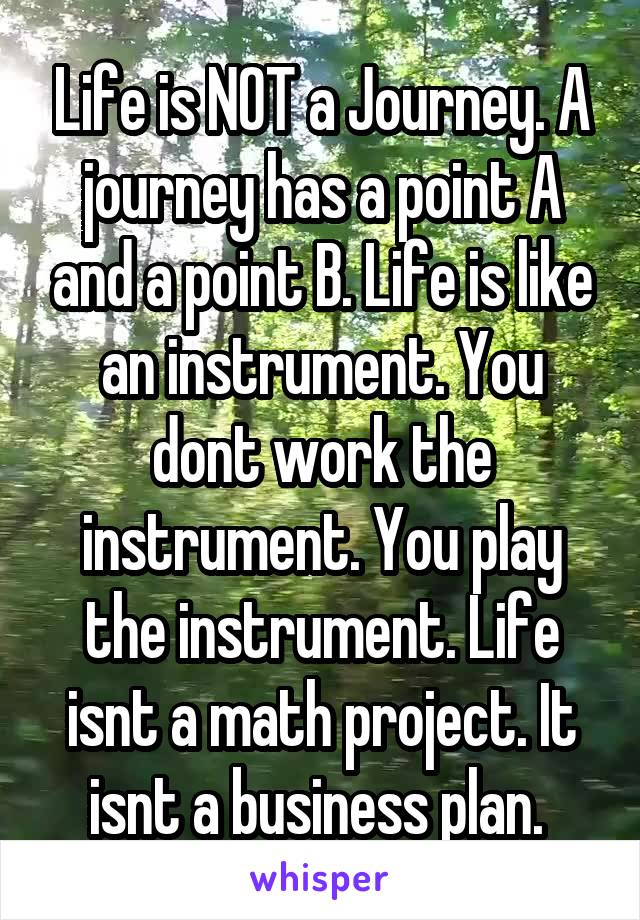 Life is NOT a Journey. A journey has a point A and a point B. Life is like an instrument. You dont work the instrument. You play the instrument. Life isnt a math project. It isnt a business plan. 