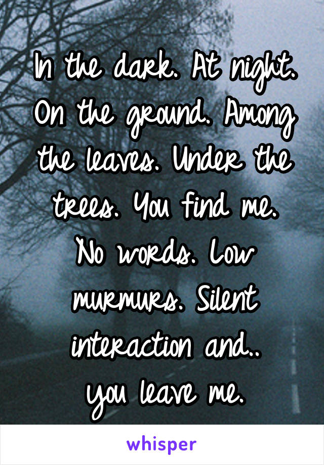 In the dark. At night. On the ground. Among the leaves. Under the trees. You find me.
No words. Low murmurs. Silent interaction and..
you leave me.