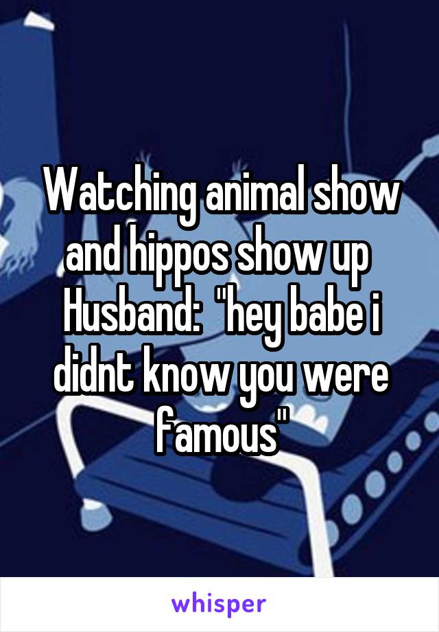 Watching animal show and hippos show up 
Husband:  "hey babe i didnt know you were famous"