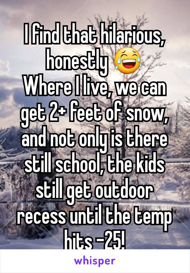 I find that hilarious, honestly 😂
Where I live, we can get 2+ feet of snow, and not only is there still school, the kids still get outdoor recess until the temp hits -25!
