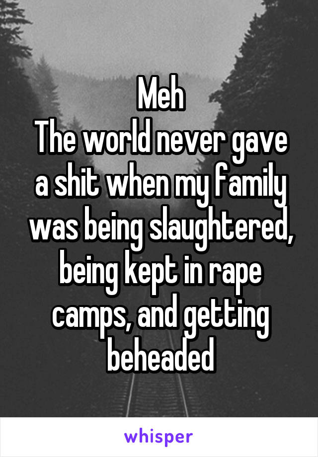 Meh
The world never gave a shit when my family was being slaughtered, being kept in rape camps, and getting beheaded