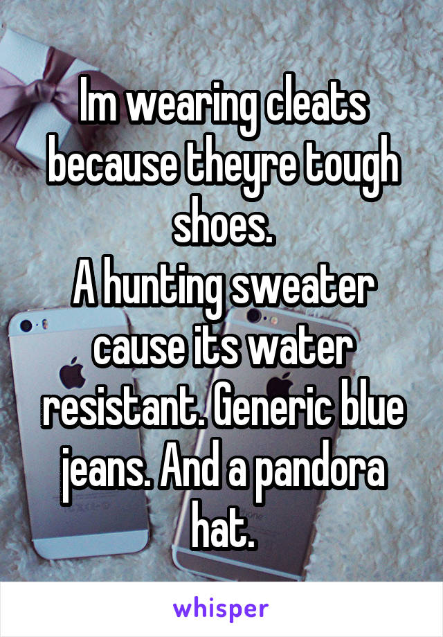 Im wearing cleats because theyre tough shoes.
A hunting sweater cause its water resistant. Generic blue jeans. And a pandora hat.