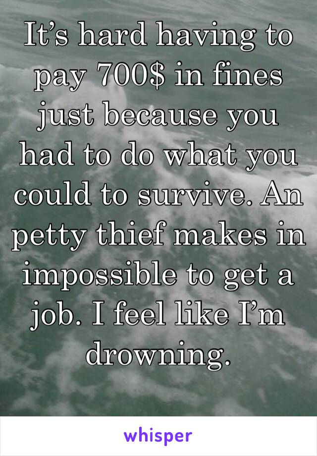 It’s hard having to pay 700$ in fines just because you had to do what you could to survive. An petty thief makes in impossible to get a job. I feel like I’m drowning. 