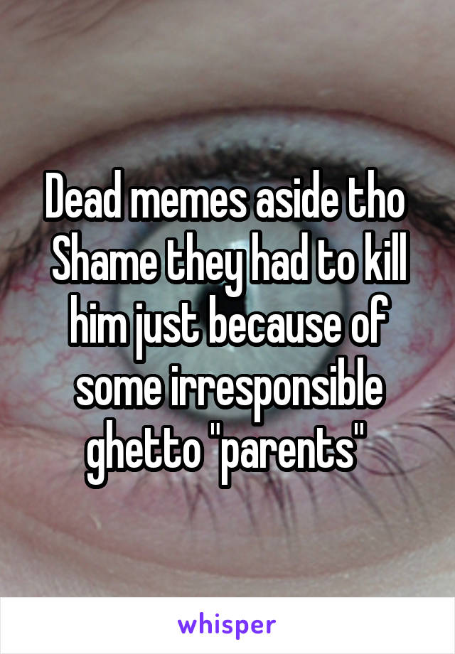 Dead memes aside tho 
Shame they had to kill him just because of some irresponsible ghetto "parents" 