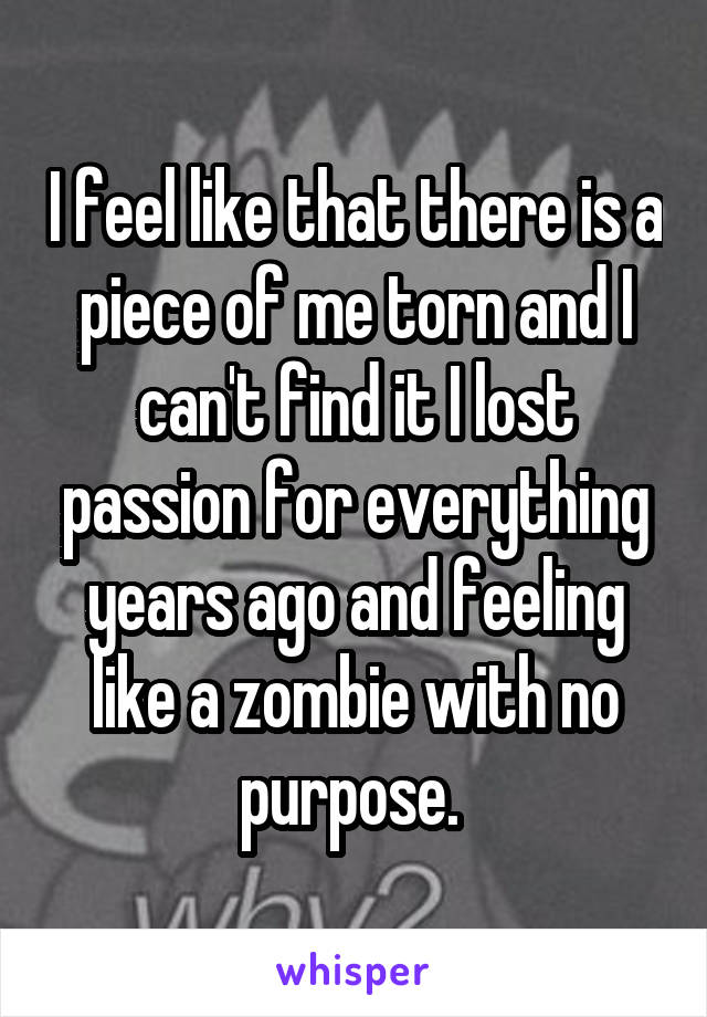 I feel like that there is a piece of me torn and I can't find it I lost passion for everything years ago and feeling like a zombie with no purpose. 