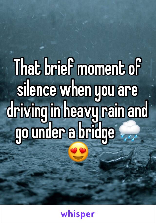 That brief moment of silence when you are driving in heavy rain and go under a bridge 🌧😍