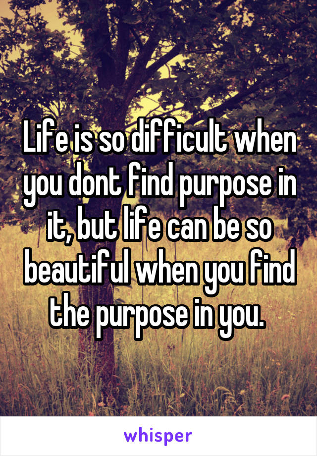 Life is so difficult when you dont find purpose in it, but life can be so beautiful when you find the purpose in you. 