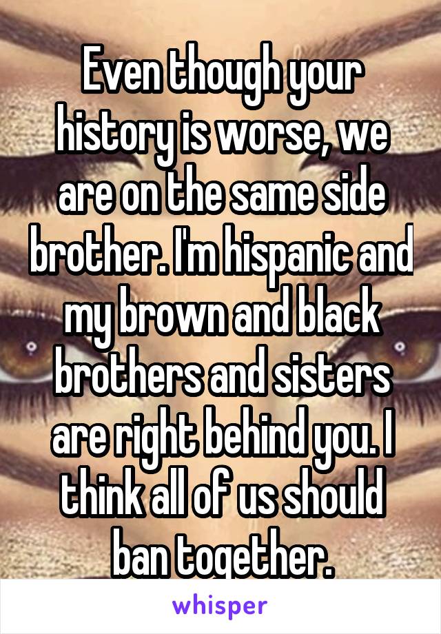 Even though your history is worse, we are on the same side brother. I'm hispanic and my brown and black brothers and sisters are right behind you. I think all of us should ban together.