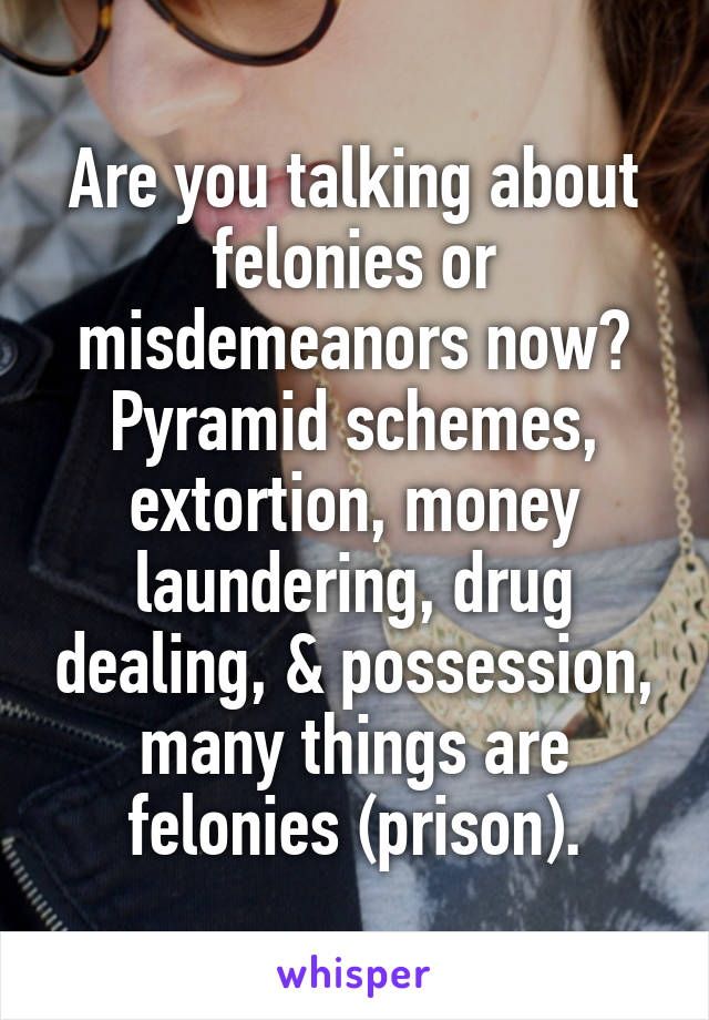 Are you talking about felonies or misdemeanors now?
Pyramid schemes, extortion, money laundering, drug dealing, & possession, many things are felonies (prison).