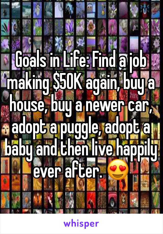 Goals in Life: Find a job making $50K again, buy a house, buy a newer car, adopt a puggle, adopt a baby and then live happily ever after. 😍