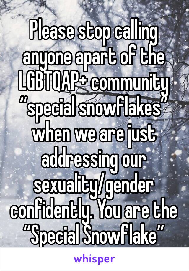 Please stop calling anyone apart of the LGBTQAP+ community “special snowflakes” when we are just addressing our sexuality/gender confidently. You are the 
“Special Snowflake” 