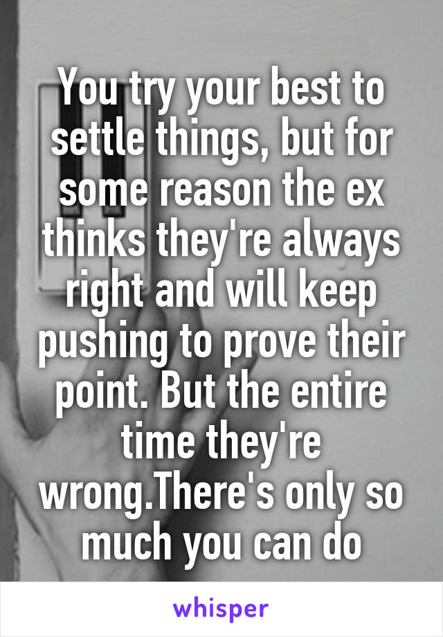 You try your best to settle things, but for some reason the ex thinks they're always right and will keep pushing to prove their point. But the entire time they're wrong.There's only so much you can do