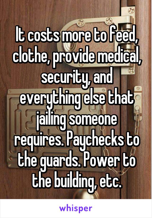 It costs more to feed, clothe, provide medical, security, and everything else that jailing someone requires. Paychecks to the guards. Power to the building, etc.