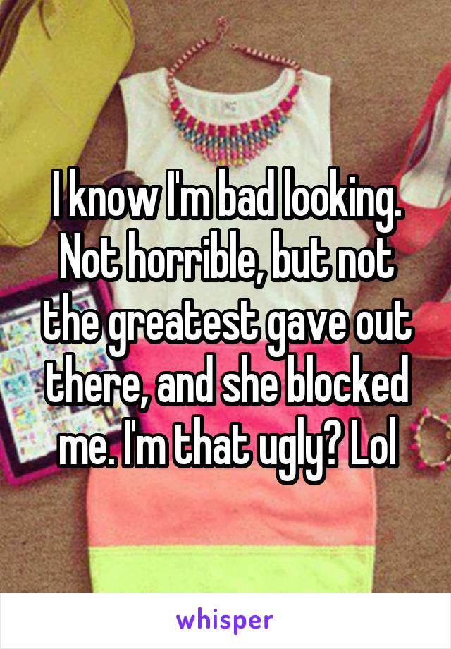 I know I'm bad looking. Not horrible, but not the greatest gave out there, and she blocked me. I'm that ugly? Lol