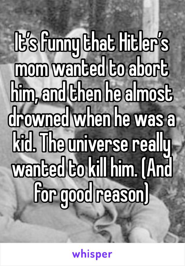It’s funny that Hitler’s mom wanted to abort him, and then he almost drowned when he was a kid. The universe really wanted to kill him. (And for good reason) 