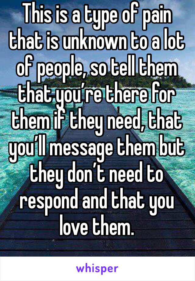 This is a type of pain that is unknown to a lot of people, so tell them that you’re there for them if they need, that you’ll message them but they don’t need to respond and that you love them. 
