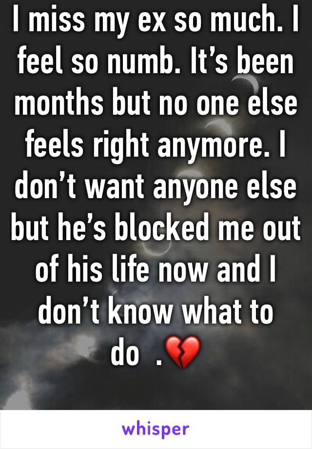 I miss my ex so much. I feel so numb. It’s been months but no one else feels right anymore. I don’t want anyone else but he’s blocked me out of his life now and I don’t know what to do  .💔