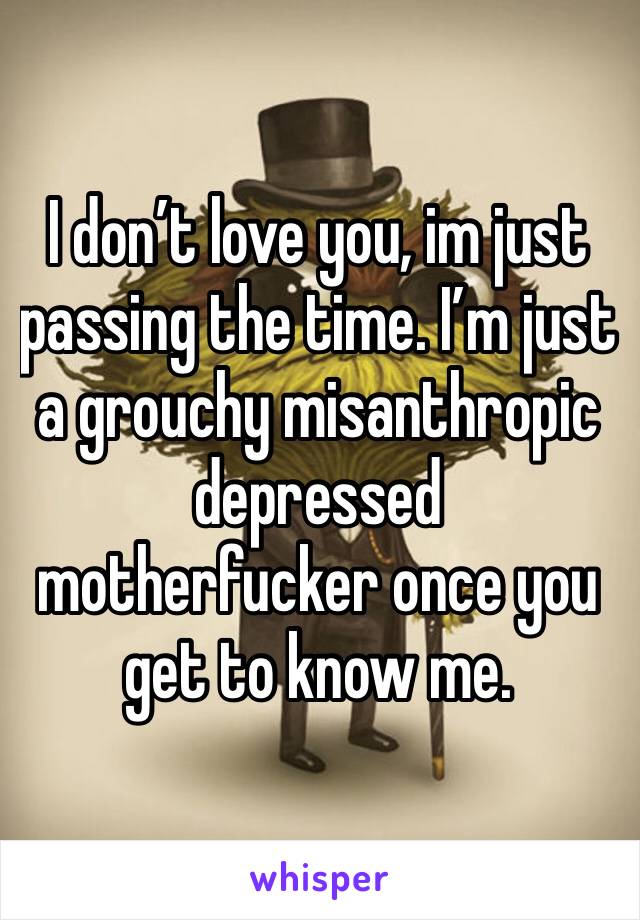 I don’t love you, im just passing the time. I’m just a grouchy misanthropic depressed motherfucker once you get to know me.