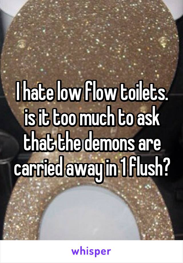 I hate low flow toilets. is it too much to ask that the demons are carried away in 1 flush?