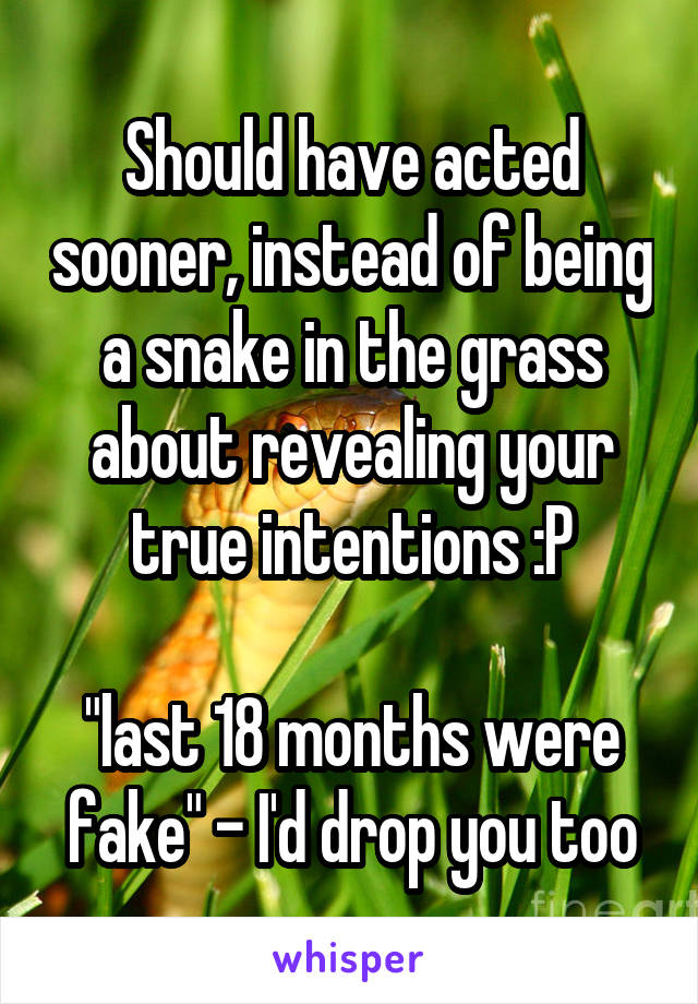 Should have acted sooner, instead of being a snake in the grass about revealing your true intentions :P

"last 18 months were fake" - I'd drop you too