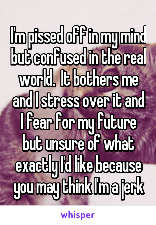 I'm pissed off in my mind but confused in the real world.  It bothers me and I stress over it and I fear for my future but unsure of what exactly I'd like because you may think I'm a jerk