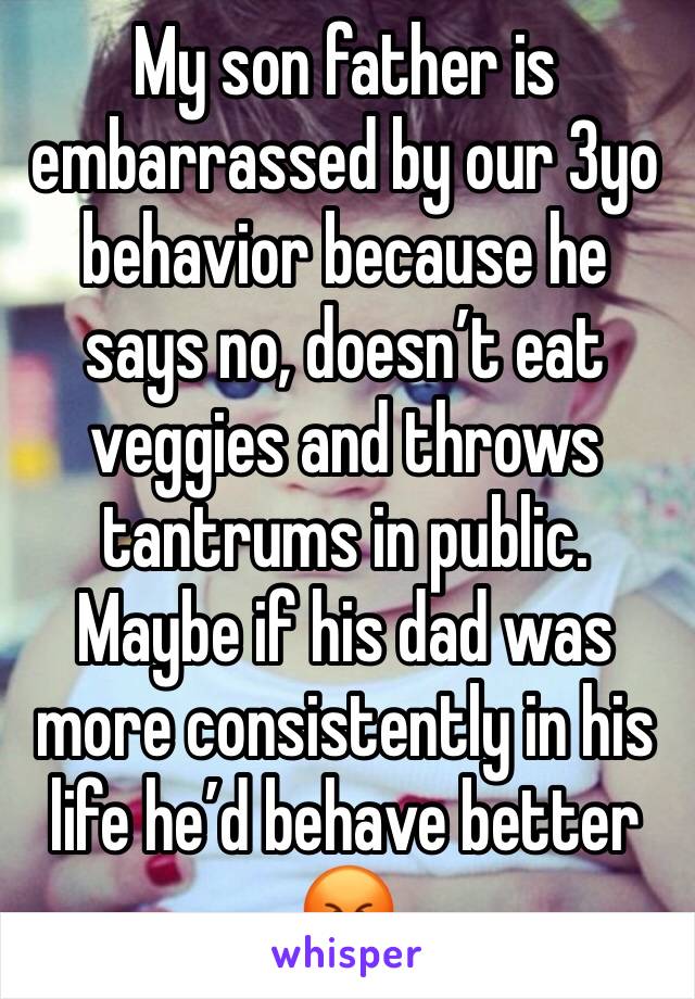 My son father is embarrassed by our 3yo behavior because he says no, doesn’t eat veggies and throws tantrums in public. Maybe if his dad was more consistently in his life he’d behave better 😡