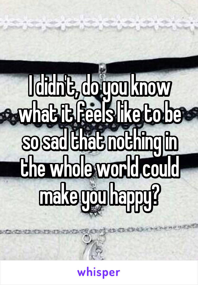 I didn't, do you know what it feels like to be so sad that nothing in the whole world could make you happy?
