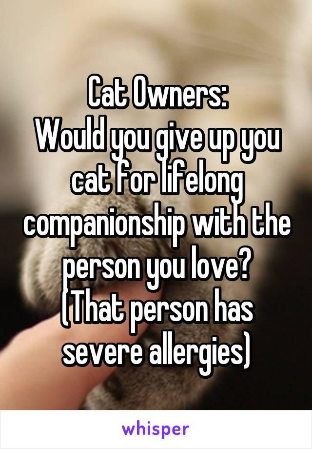 Cat Owners:
Would you give up you cat for lifelong companionship with the person you love?
(That person has severe allergies)
