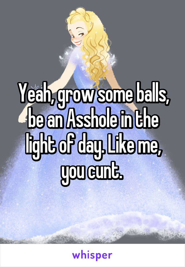Yeah, grow some balls, be an Asshole in the light of day. Like me, you cunt. 