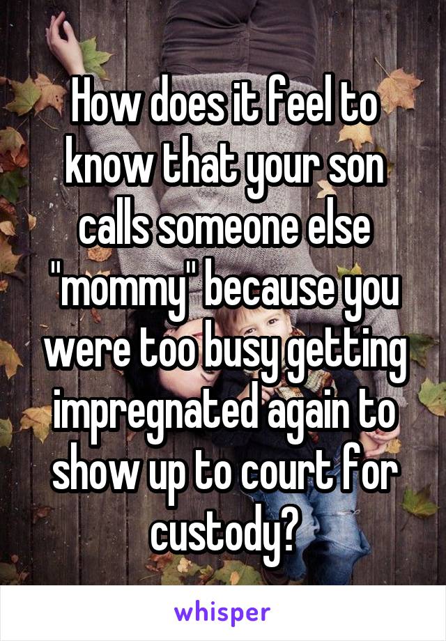 How does it feel to know that your son calls someone else "mommy" because you were too busy getting impregnated again to show up to court for custody?