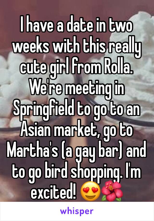 I have a date in two weeks with this really cute girl from Rolla. We're meeting in Springfield to go to an Asian market, go to Martha's (a gay bar) and to go bird shopping. I'm excited! 😍🌺