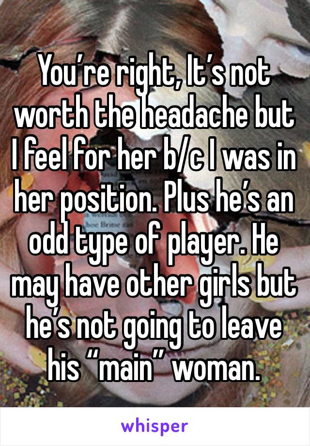 You’re right, It’s not worth the headache but I feel for her b/c I was in her position. Plus he’s an odd type of player. He may have other girls but he’s not going to leave his “main” woman.