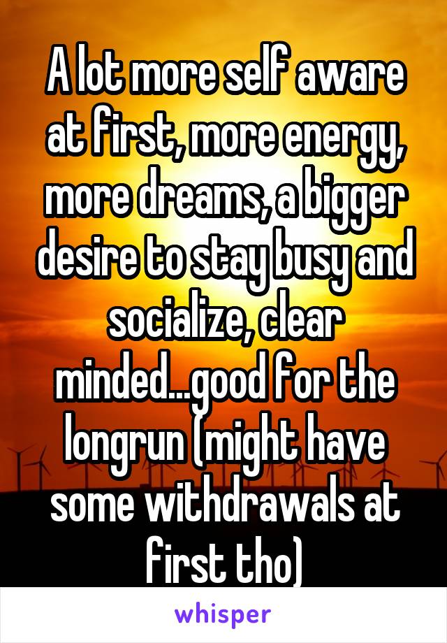 A lot more self aware at first, more energy, more dreams, a bigger desire to stay busy and socialize, clear minded...good for the longrun (might have some withdrawals at first tho)