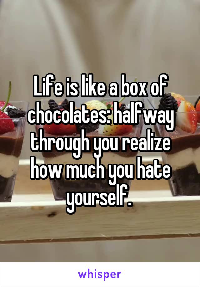 Life is like a box of chocolates: halfway through you realize how much you hate yourself. 