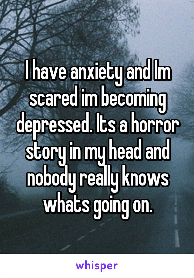 I have anxiety and Im scared im becoming depressed. Its a horror story in my head and nobody really knows whats going on.