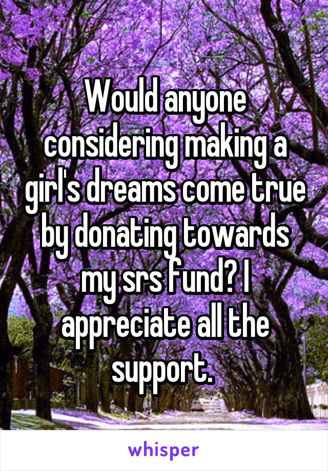 Would anyone considering making a girl's dreams come true by donating towards my srs fund? I appreciate all the support. 