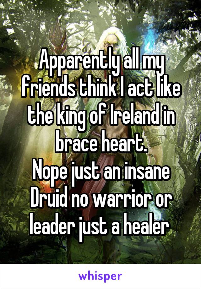 Apparently all my friends think I act like the king of Ireland in brace heart.
Nope just an insane Druid no warrior or leader just a healer 