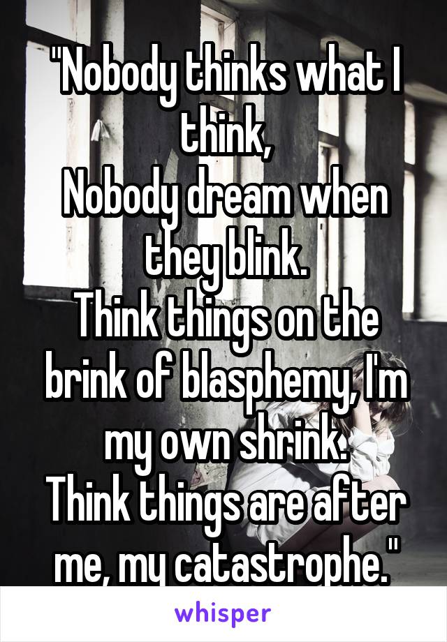 "Nobody thinks what I think,
Nobody dream when they blink.
Think things on the brink of blasphemy, I'm my own shrink.
Think things are after me, my catastrophe."