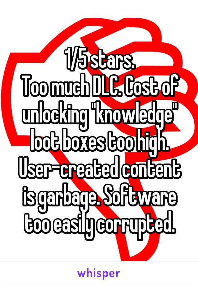 1/5 stars.
Too much DLC. Cost of unlocking "knowledge" loot boxes too high. User-created content is garbage. Software too easily corrupted.