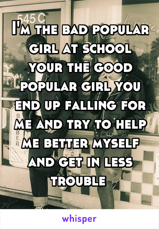 I'm the bad popular girl at school your the good popular girl you end up falling for me and try to help me better myself and get in less trouble 
